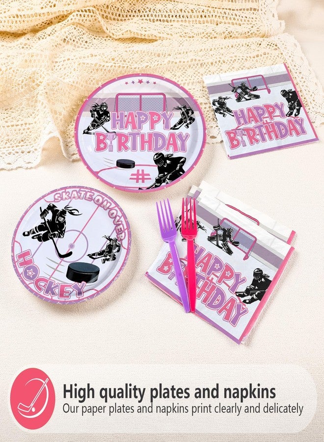 Greencian 96Pcs Pink Hockey Birthday Party Supplies Pink Ice Hockey Ball Birthday Party Plates and Napkins Tableware Set for Girls Kid's Fans Gameday Sports Themed Party Decorations Serves 24 - Image 3